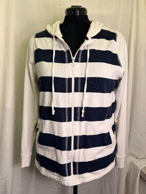 Tommy Bahama Full Zip Hoodie Large Navy White Striped Pima Cotton Coastal Women